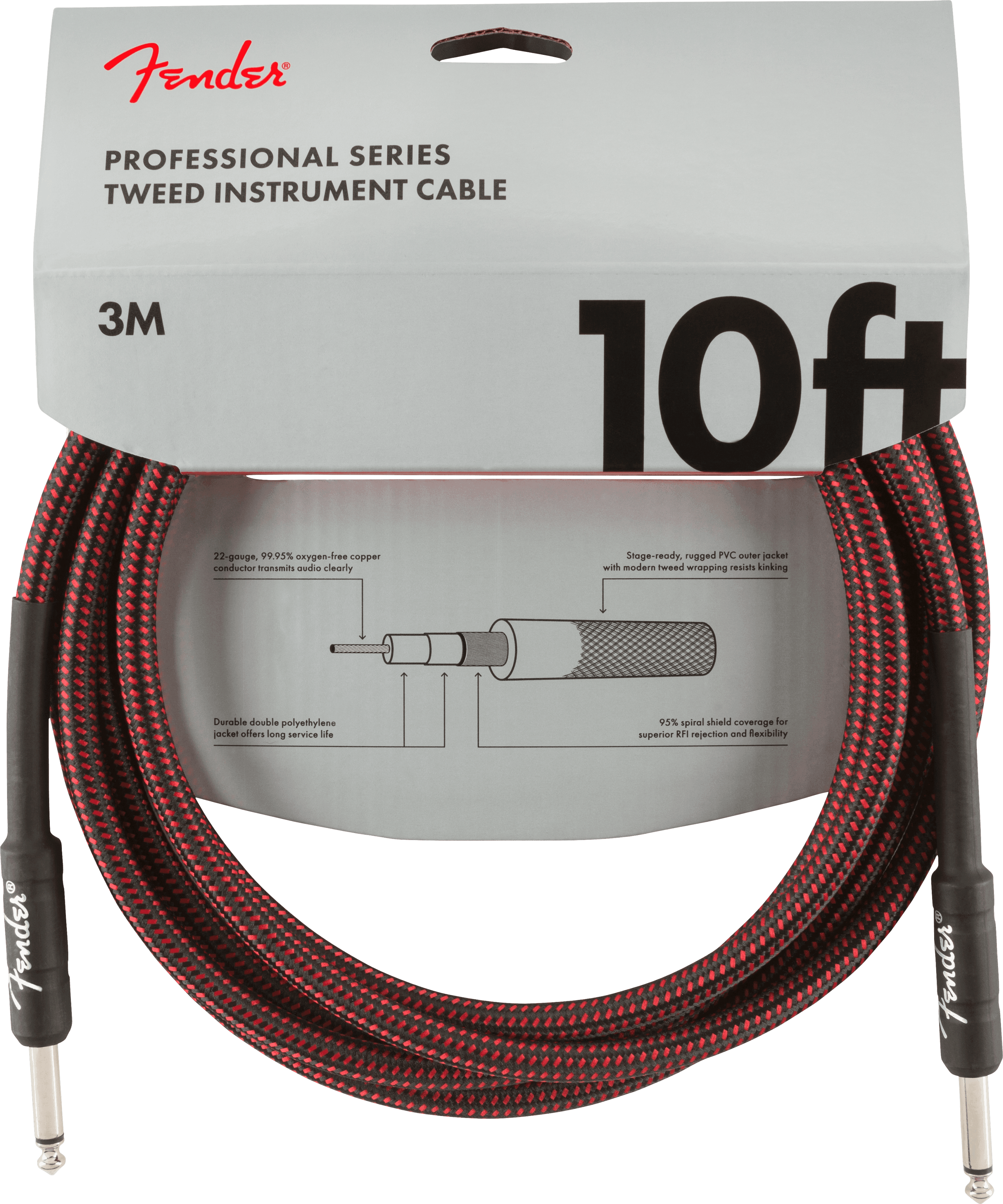 FENDER Pro Series Instrument Cables, 10', Red Tweed