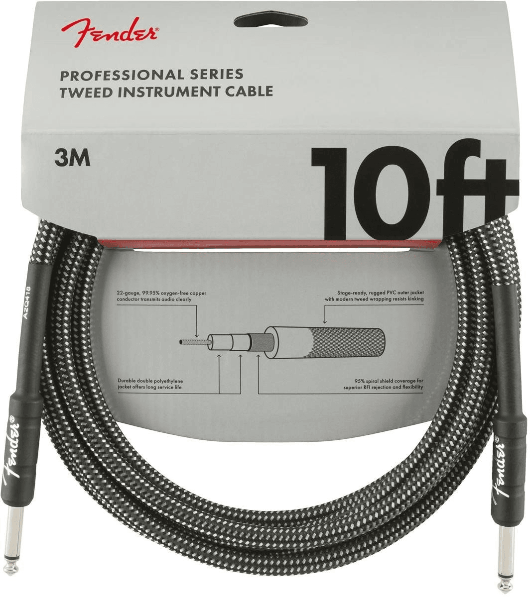 FENDER Pro Series Instrument Cables, 10', Gray Tweed