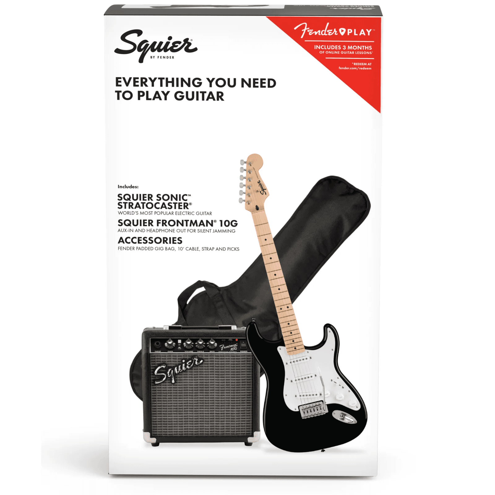 Fender SQUIER Sonic Strat Pack, Maple Fing, Black, Gig Bag, 10G