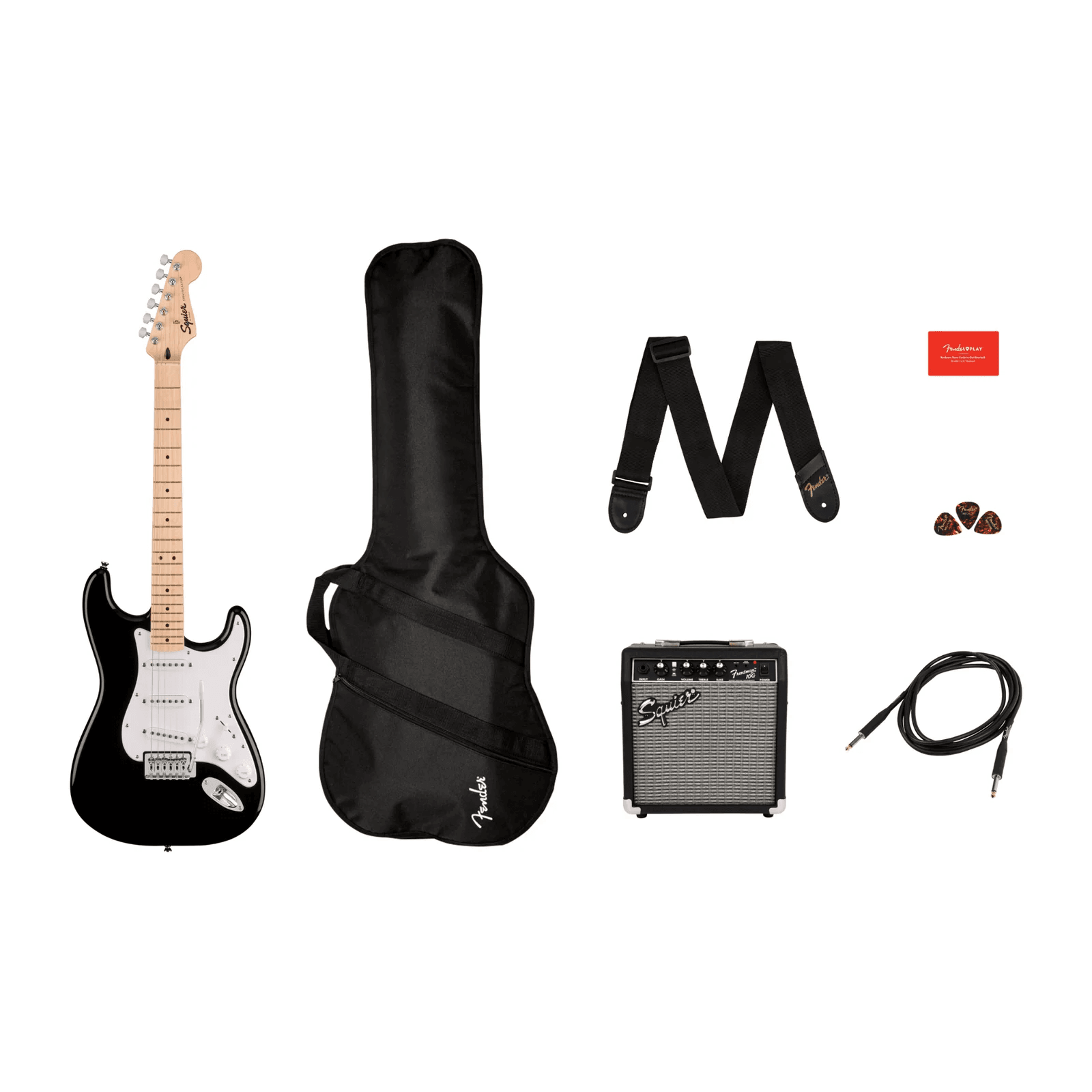 Fender SQUIER Sonic Strat Pack, Maple Fing, Black, Gig Bag, 10G